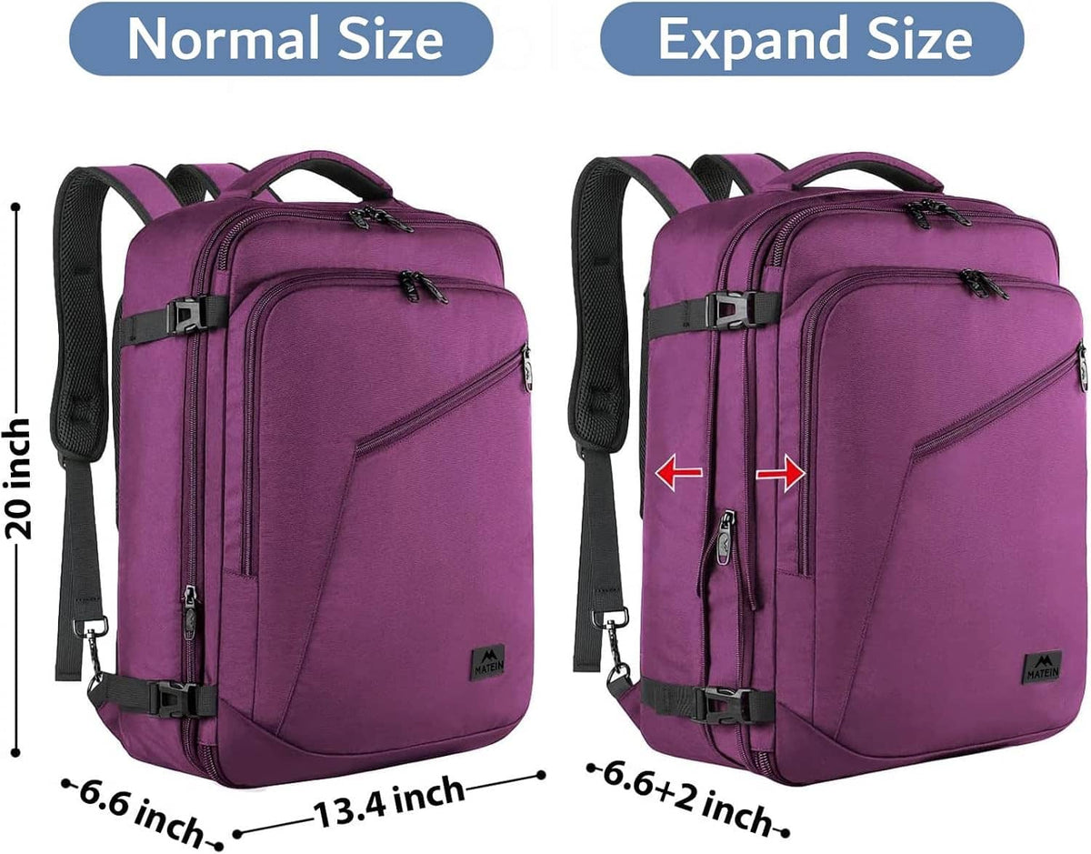 Purple travel backpack normal and expanded views with expansion arrows