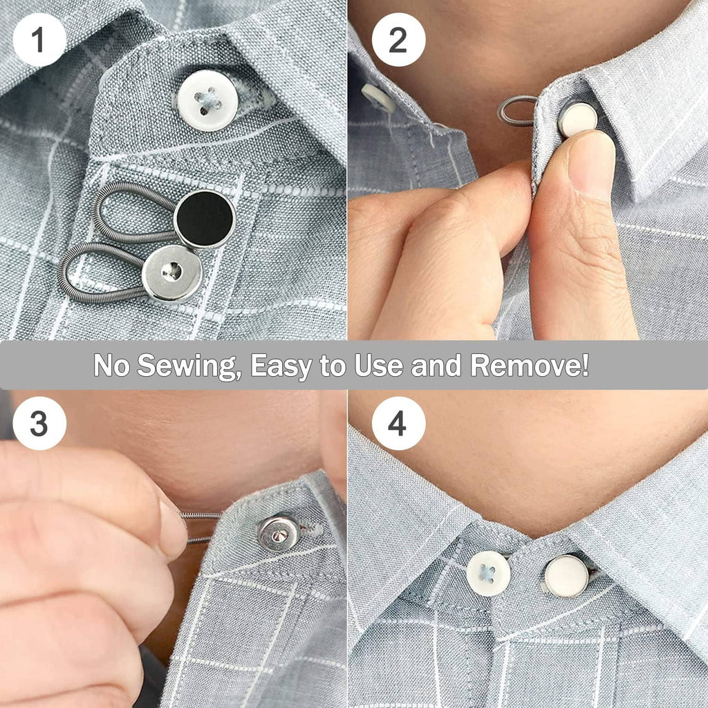 Elastic waist extender buttons attached to a light shirt collar using snap-in clips