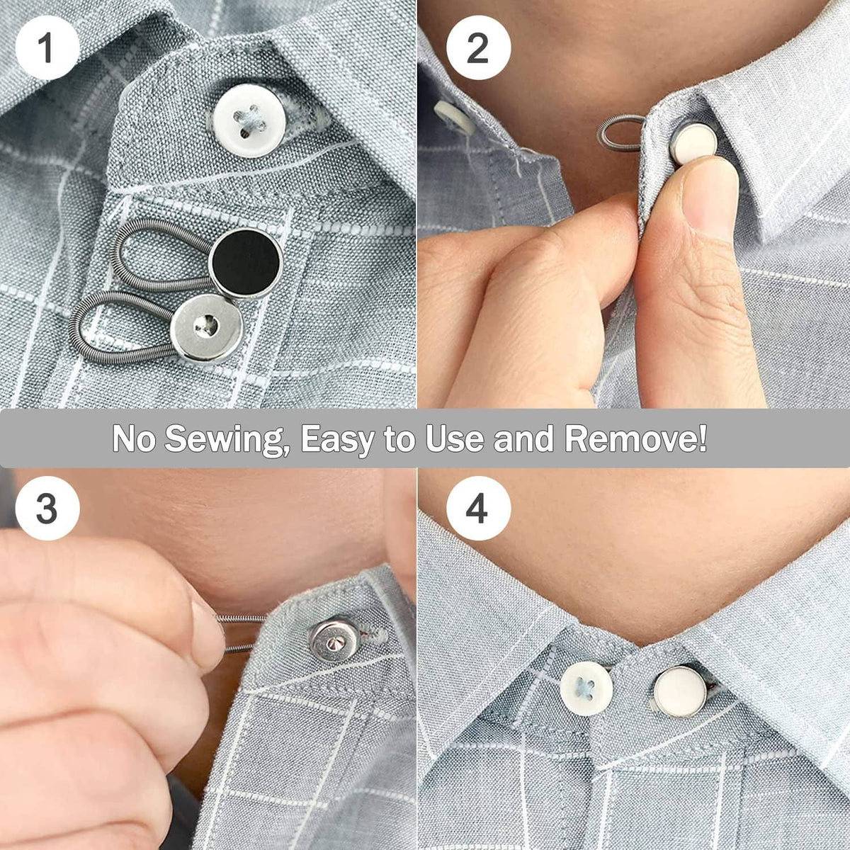 Elastic waist extender buttons attached to a light shirt collar using snap-in clips