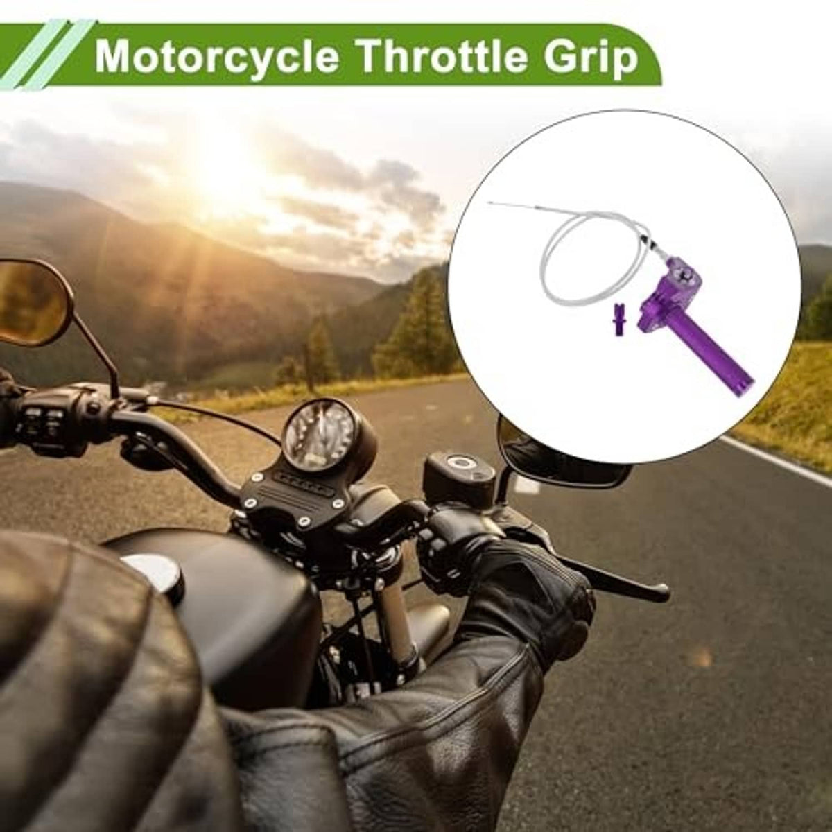 Purple throttle grip with white cable, shown as a small inset on a motorcycle handlebar