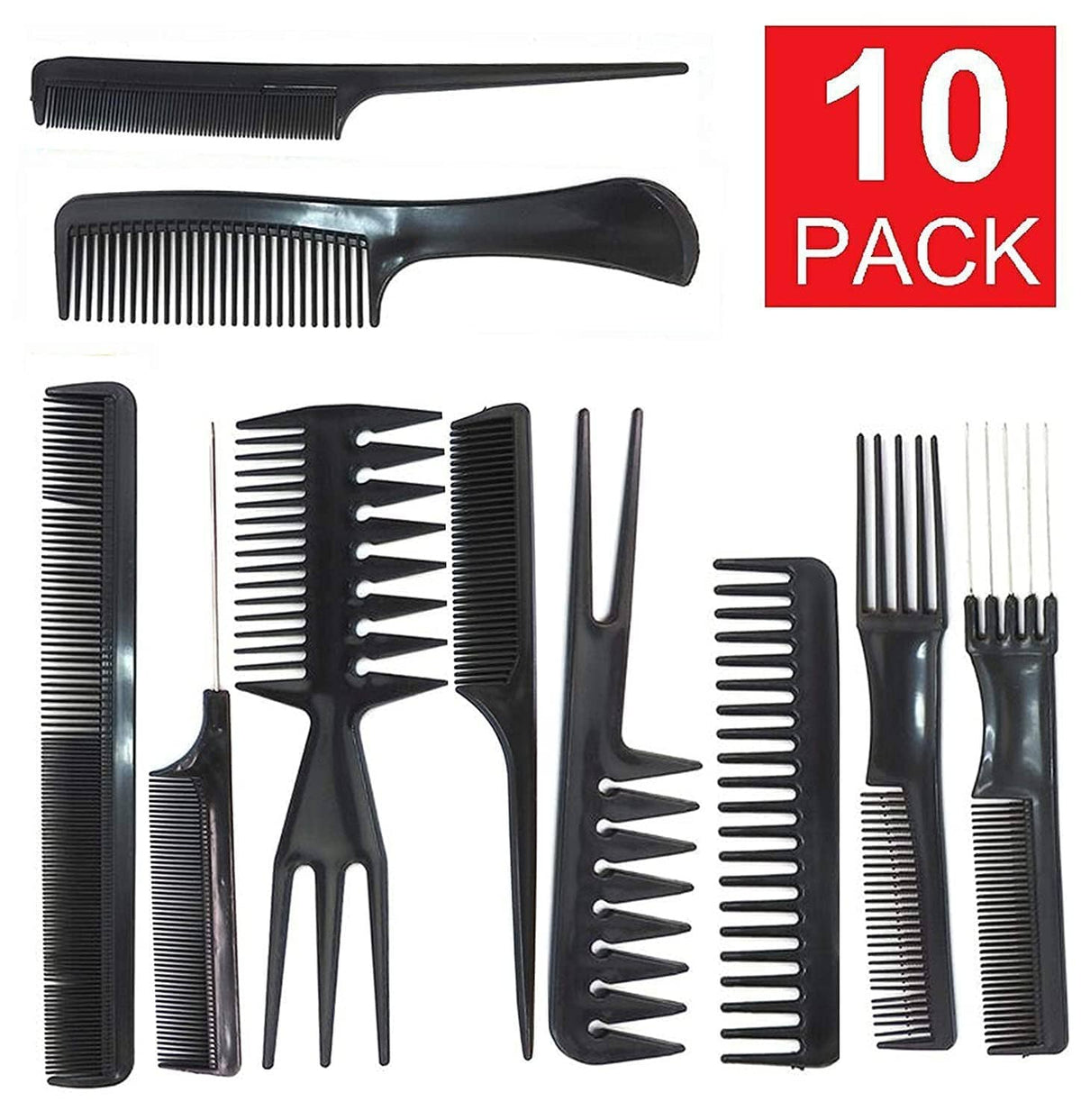 Black 10-piece hair comb set with assorted tooth patterns and handles