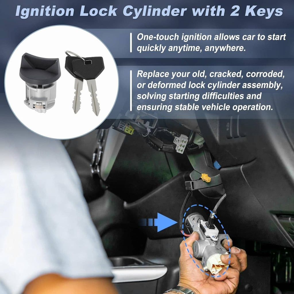 Ignition lock cylinder with two keys and plug-in housing, key insertion area shown.