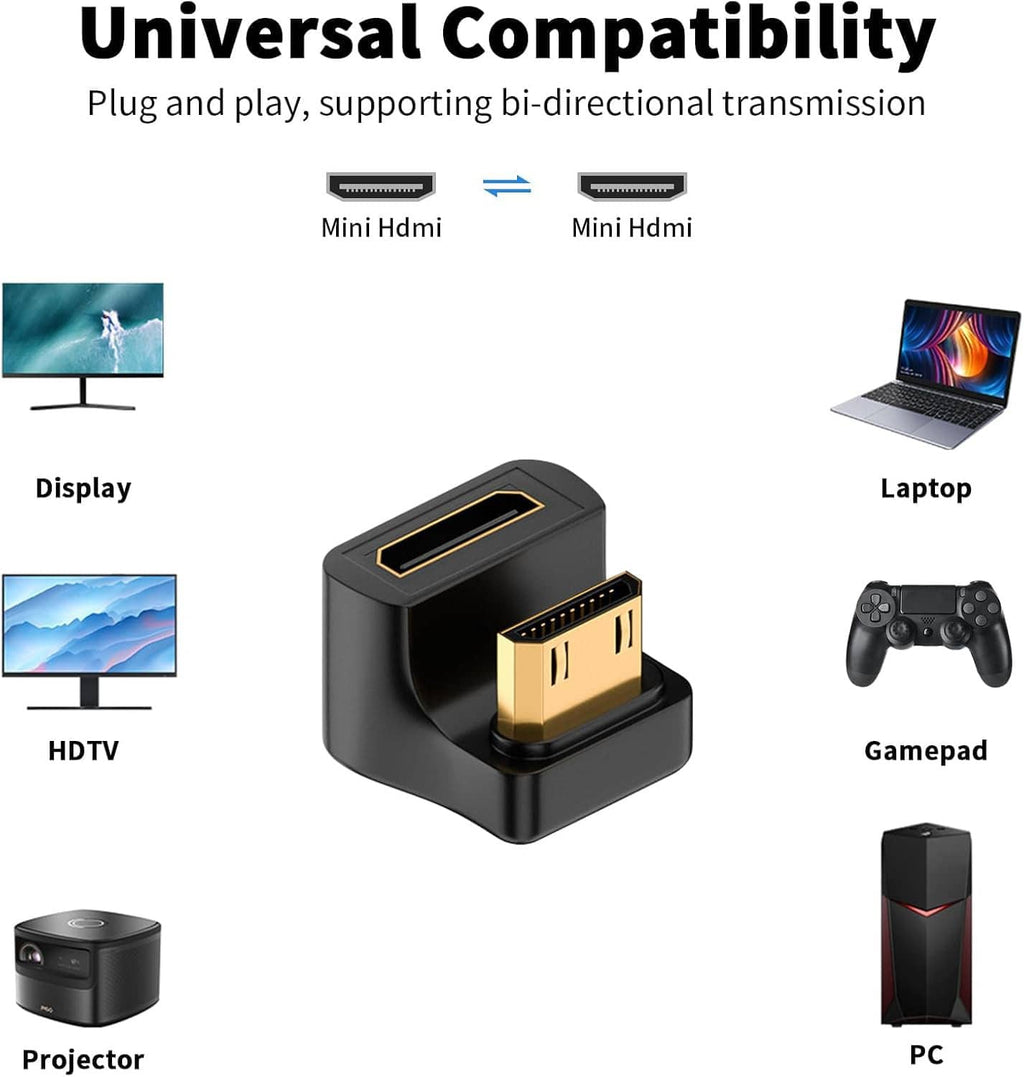 Black mini HDMI U-shape adapter showing gold male and gold female connectors