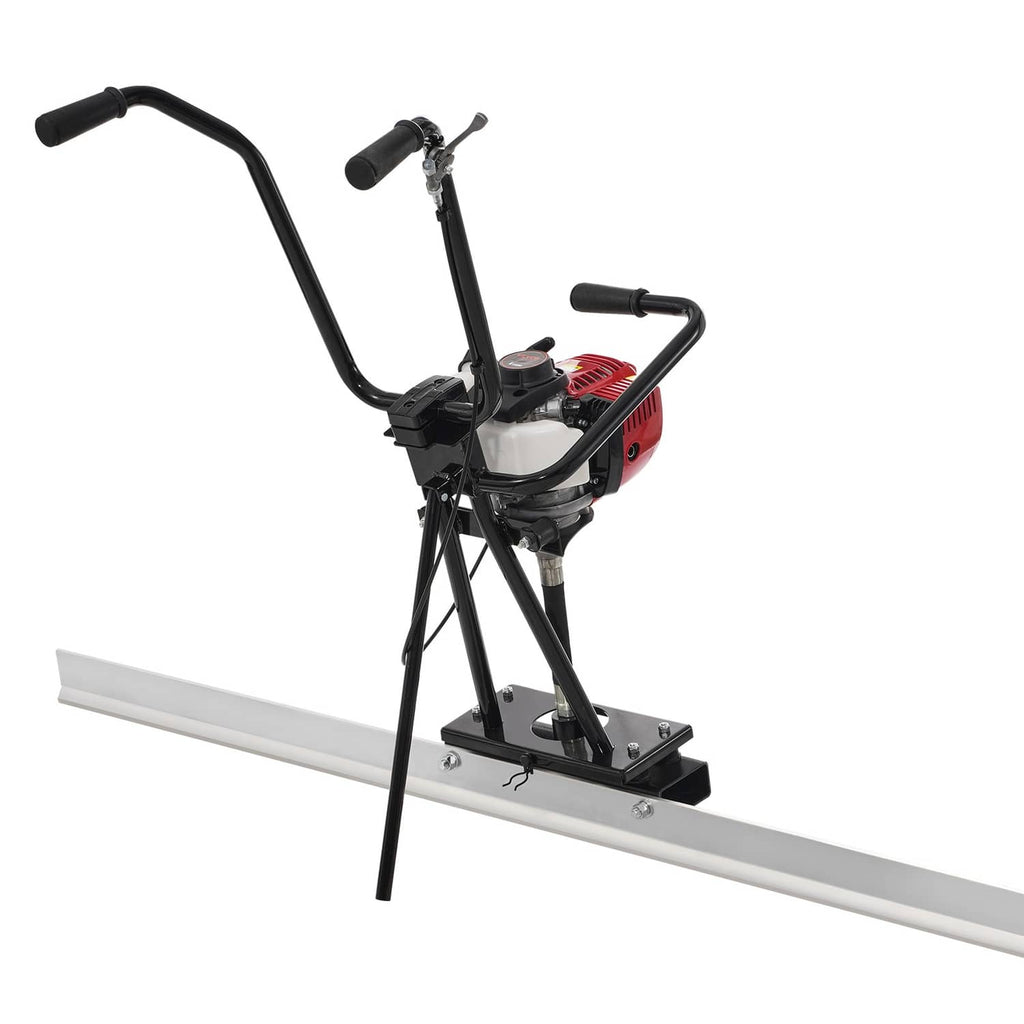 Gas concrete screed float with red engine, black handles, and long aluminum smoothing blades