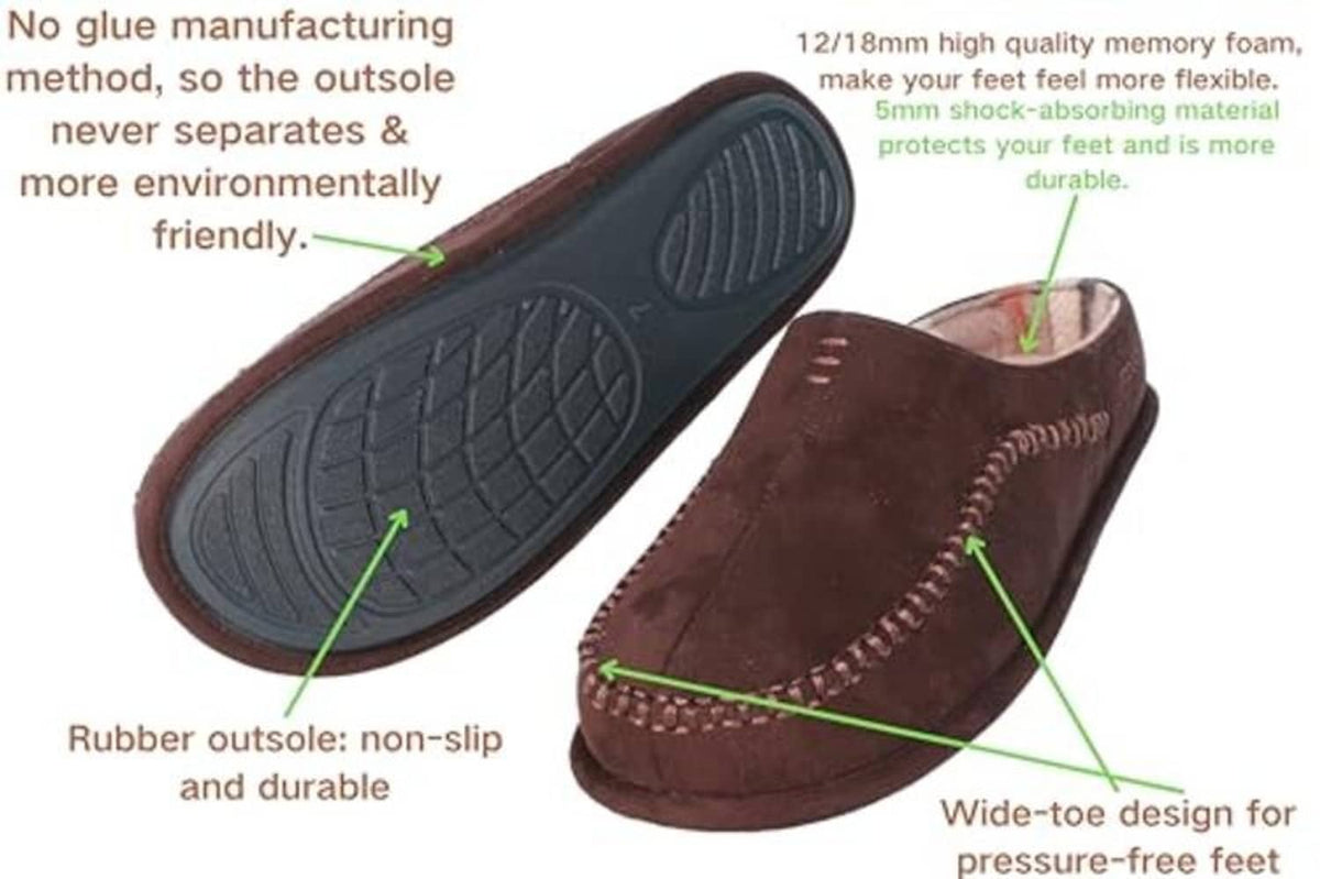 Brown moccasin-style slip-on slipper with textured rubber outsole and stitched upper