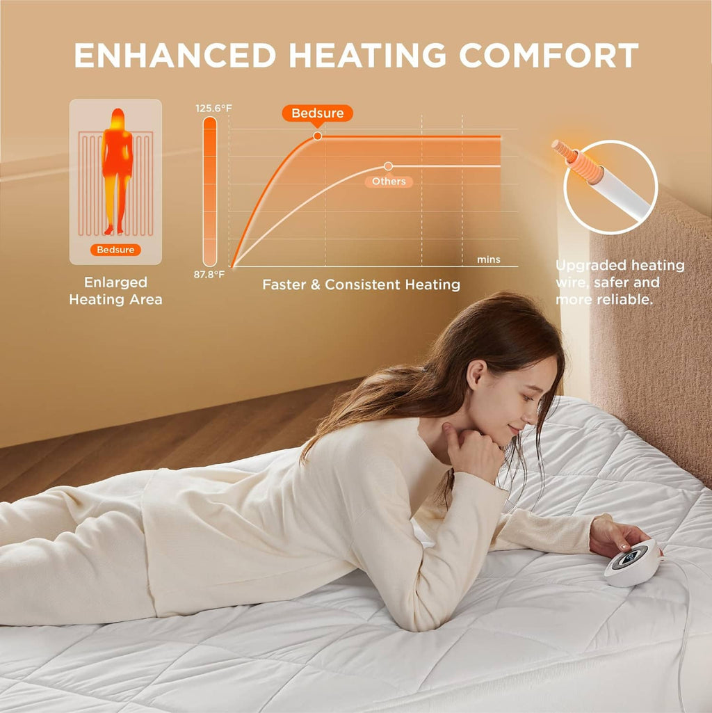 White twin heated mattress pad under sleeper with hand-held remote controller