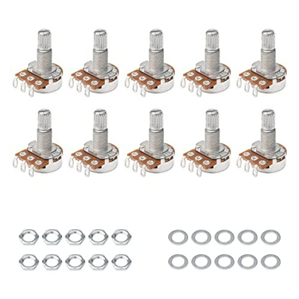 Set of split-shaft guitar potentiometers with metal housings, lugs, nuts, and washers