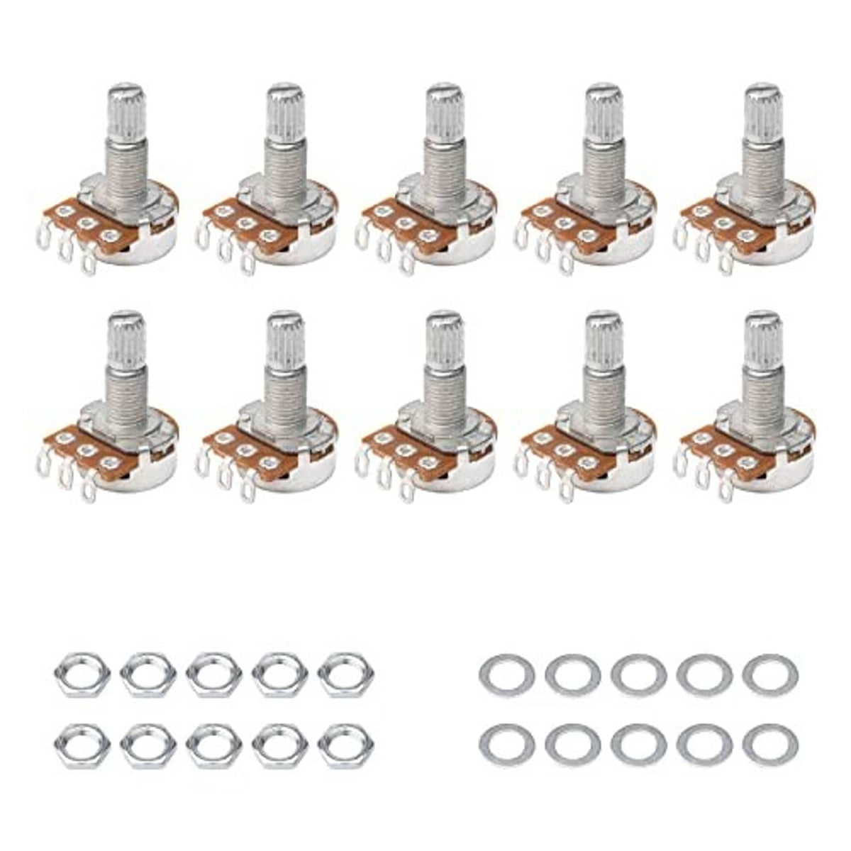 Set of split-shaft guitar potentiometers with metal housings, lugs, nuts, and washers