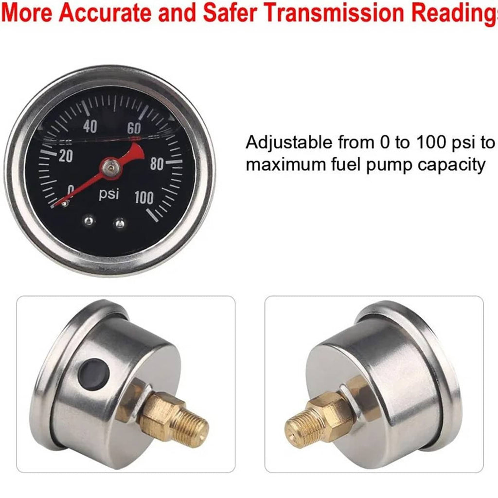 Fuel pressure gauge showing 0–100 psi range and test port connectors