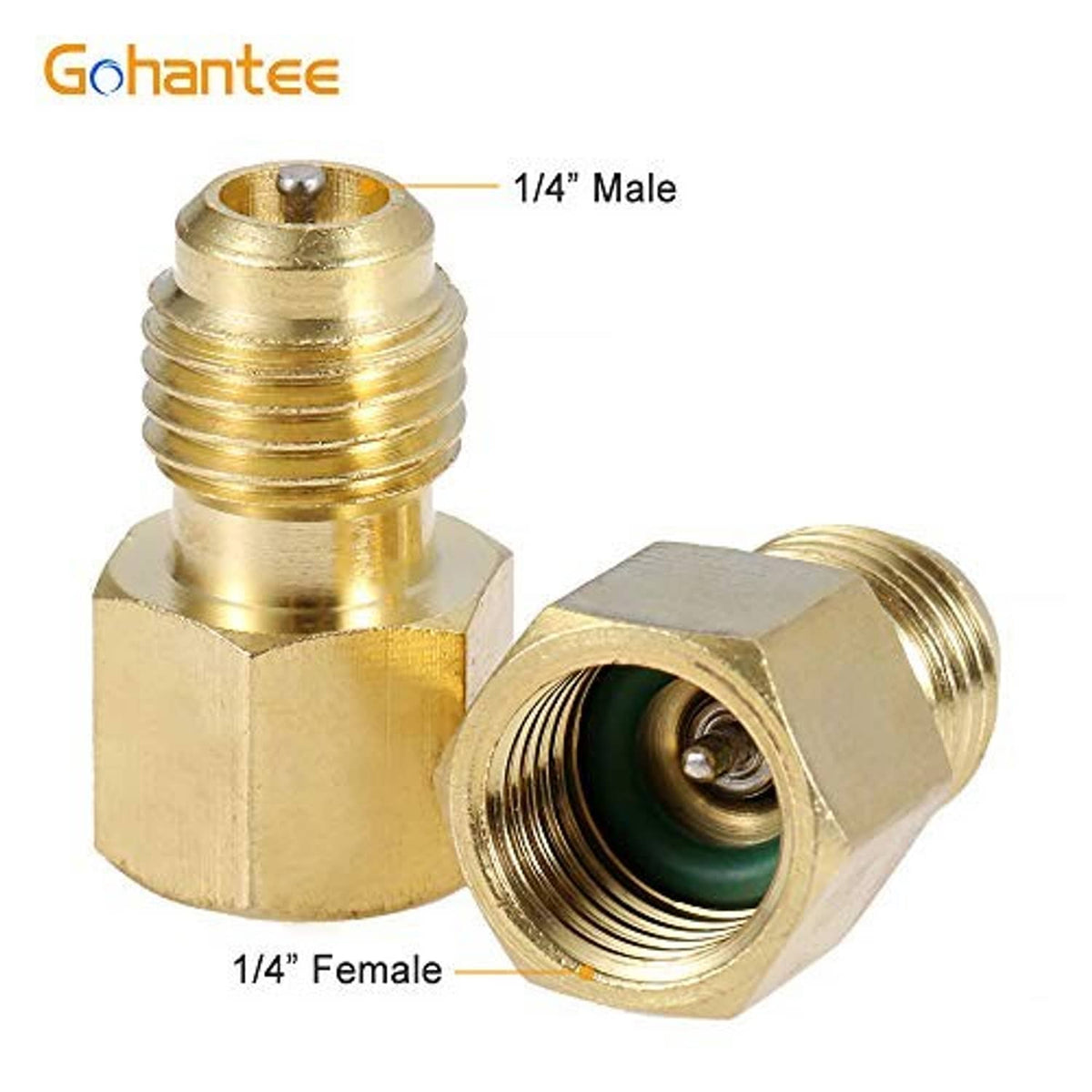 Brass refrigerant fitting adapter with 1/4 female and 1/4 male threaded ends