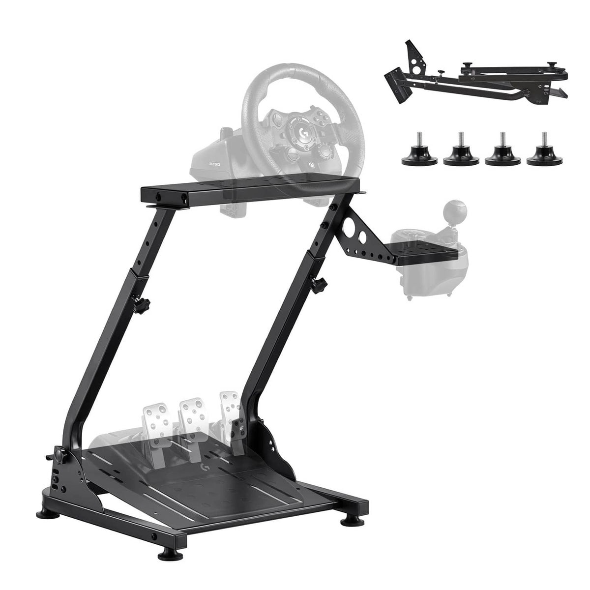 Foldable racing wheel stand with wheel and pedal mounts on black metal frame