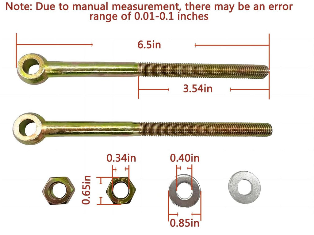 Deck lift link dimensions diagram with nut and washer size callouts