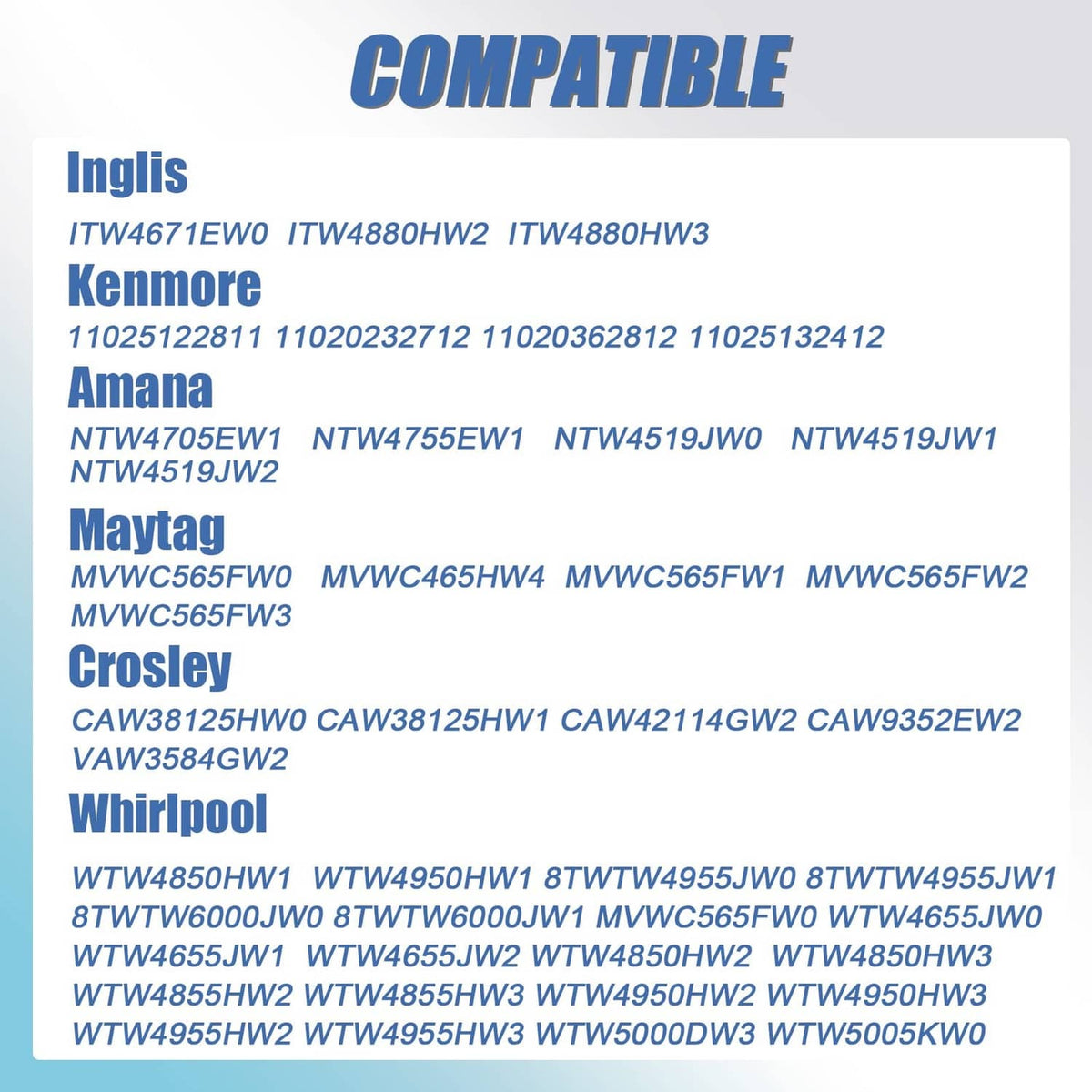 Washer water inlet valve replacement with compatibility model list text