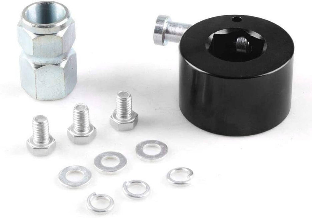 Black steering wheel quick-release disconnect hub with side fittings and bolt-and-washer set