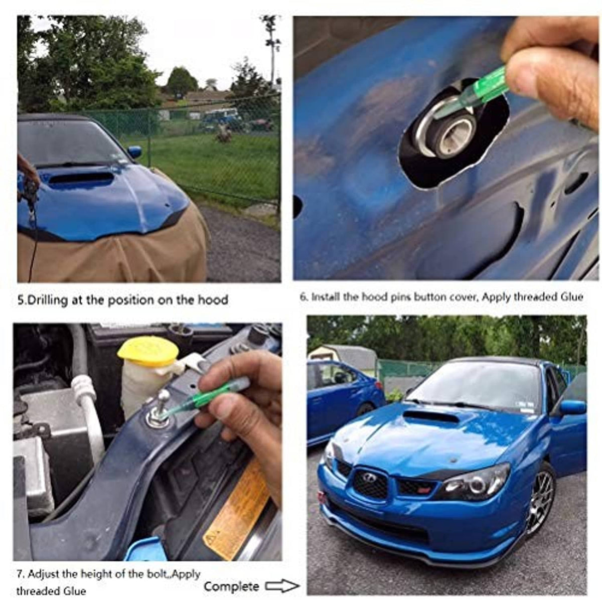 Hood latch pins install steps on car hood with hands applying components