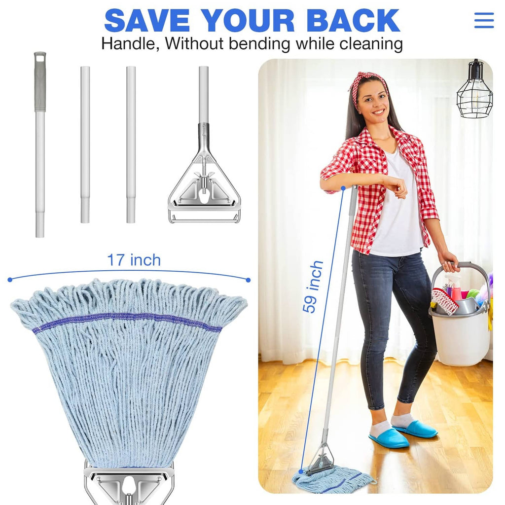 Extendable string mop with light blue mop head and stainless steel handle