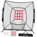 Black 7x7 ft baseball/softball practice net with red strike zone target inside