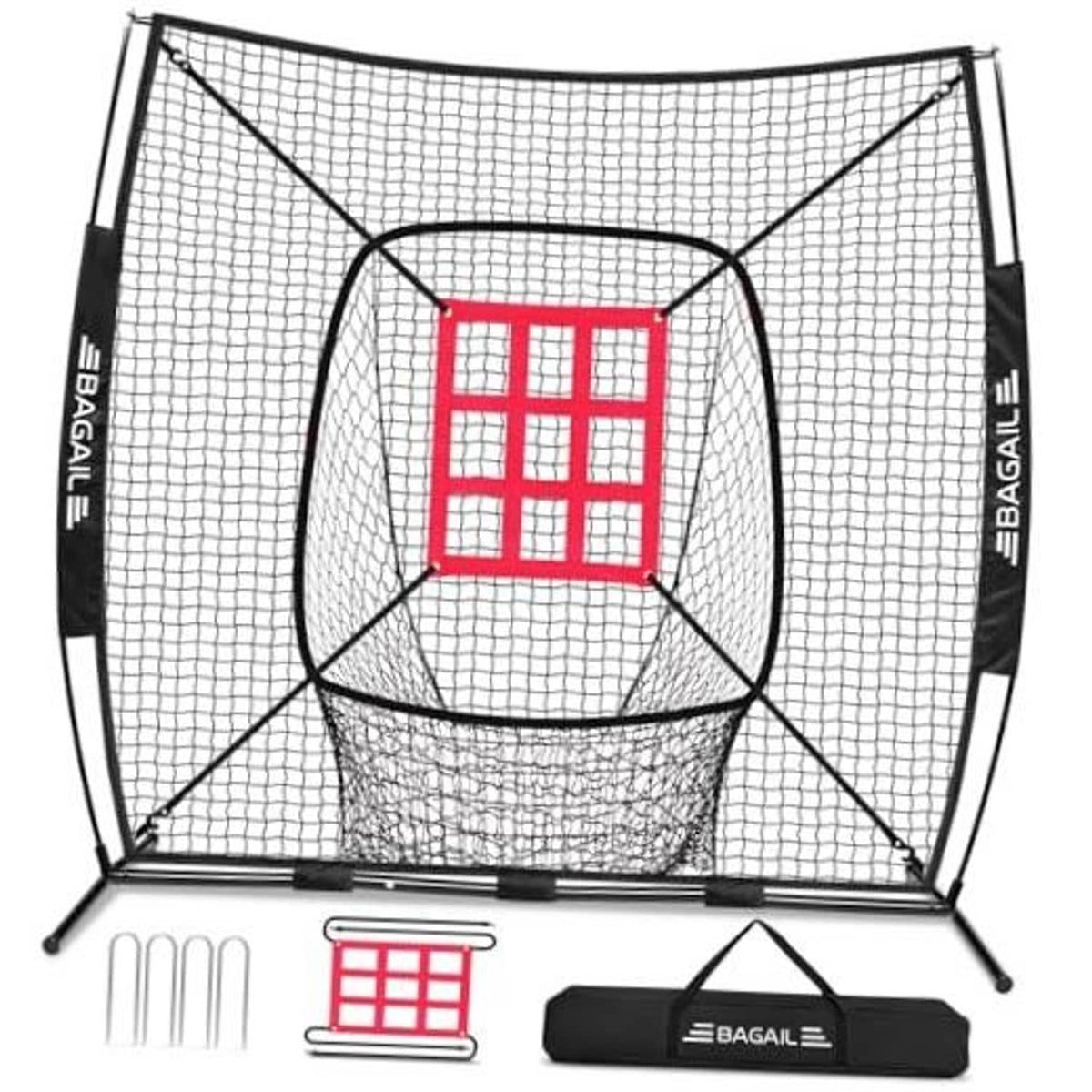 Black 7x7 ft baseball/softball practice net with red strike zone target inside