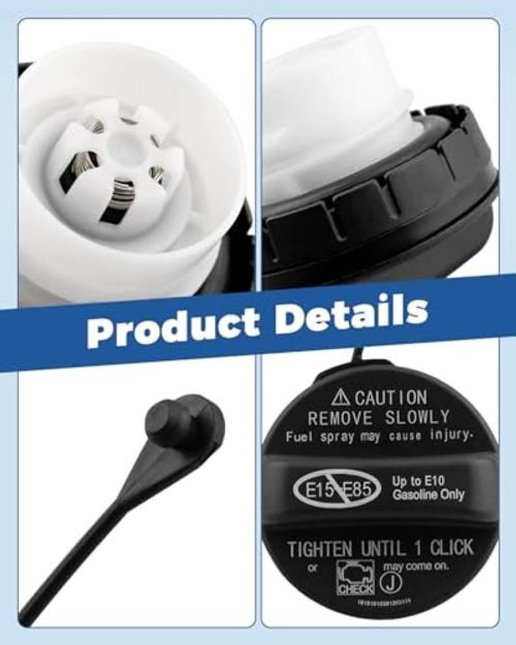 Fuel tank filler cap product details: black cap with caution text and tether
