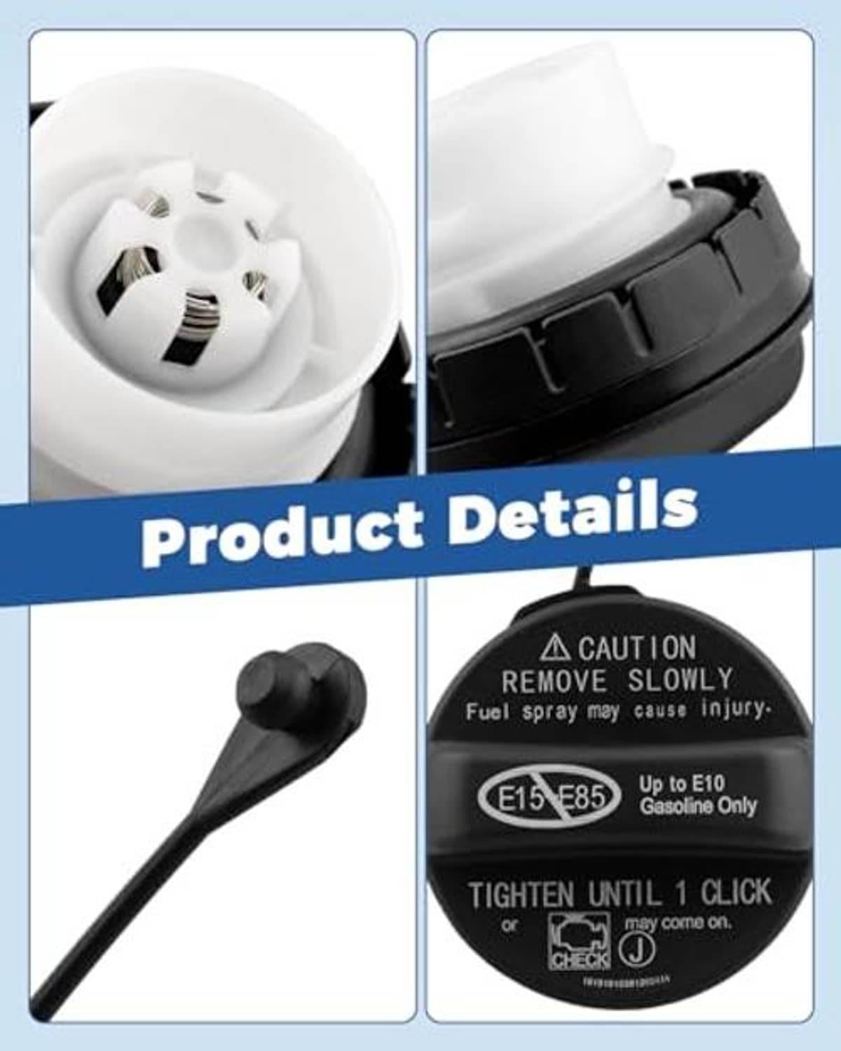 Fuel tank filler cap product details: black cap with caution text and tether