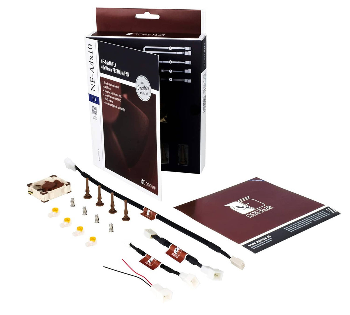 Noctua fan kit with box, screws, and small mounting parts, brown 3-pin fan included