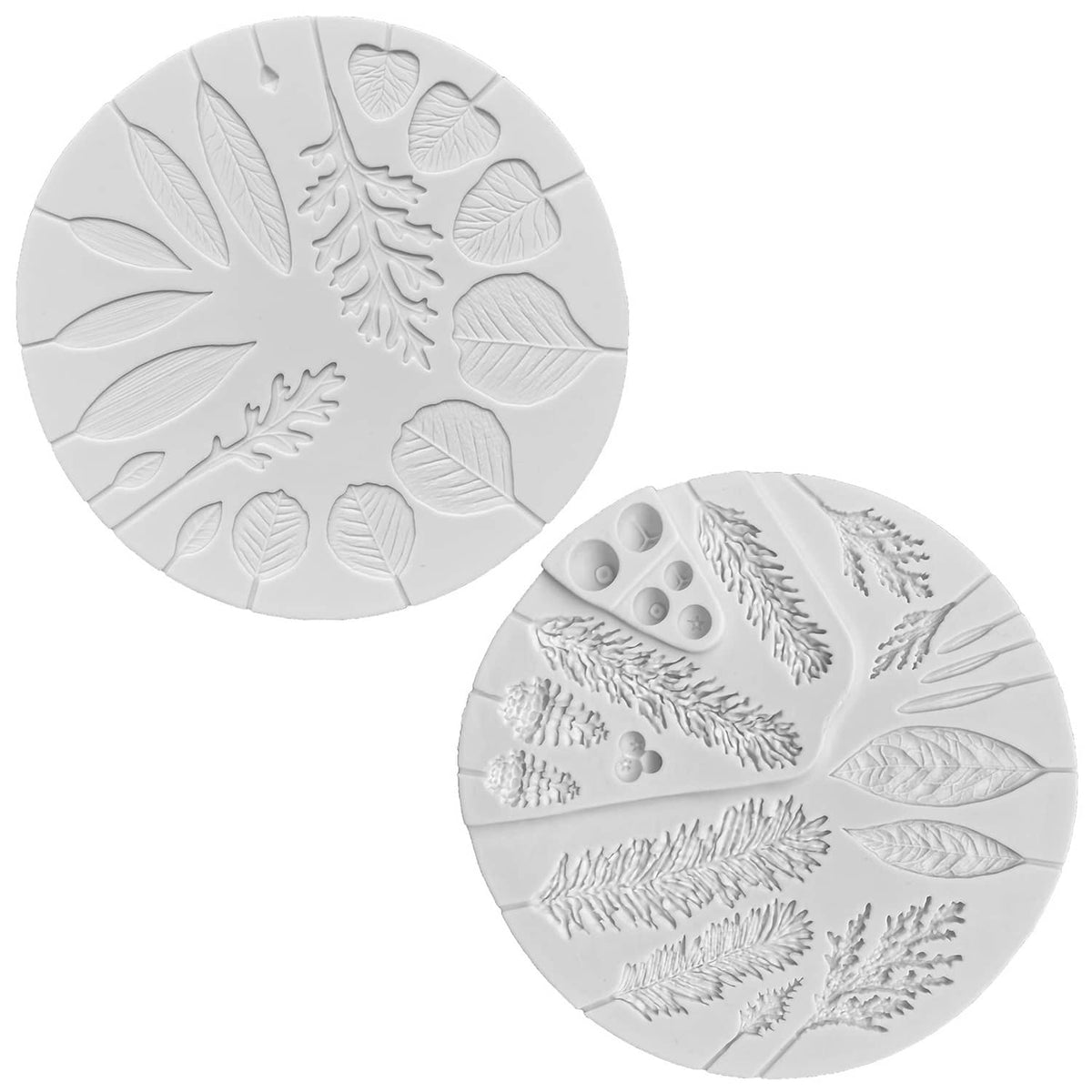 Round silicone mold with embossed winter foliage leaves and pine needle texture