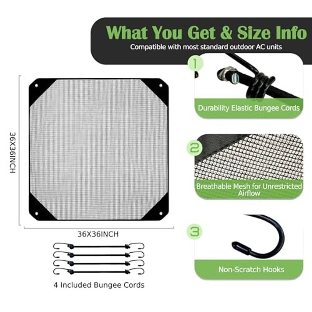 Square outdoor AC cover mesh panel with grommets, plus included bungee cords.