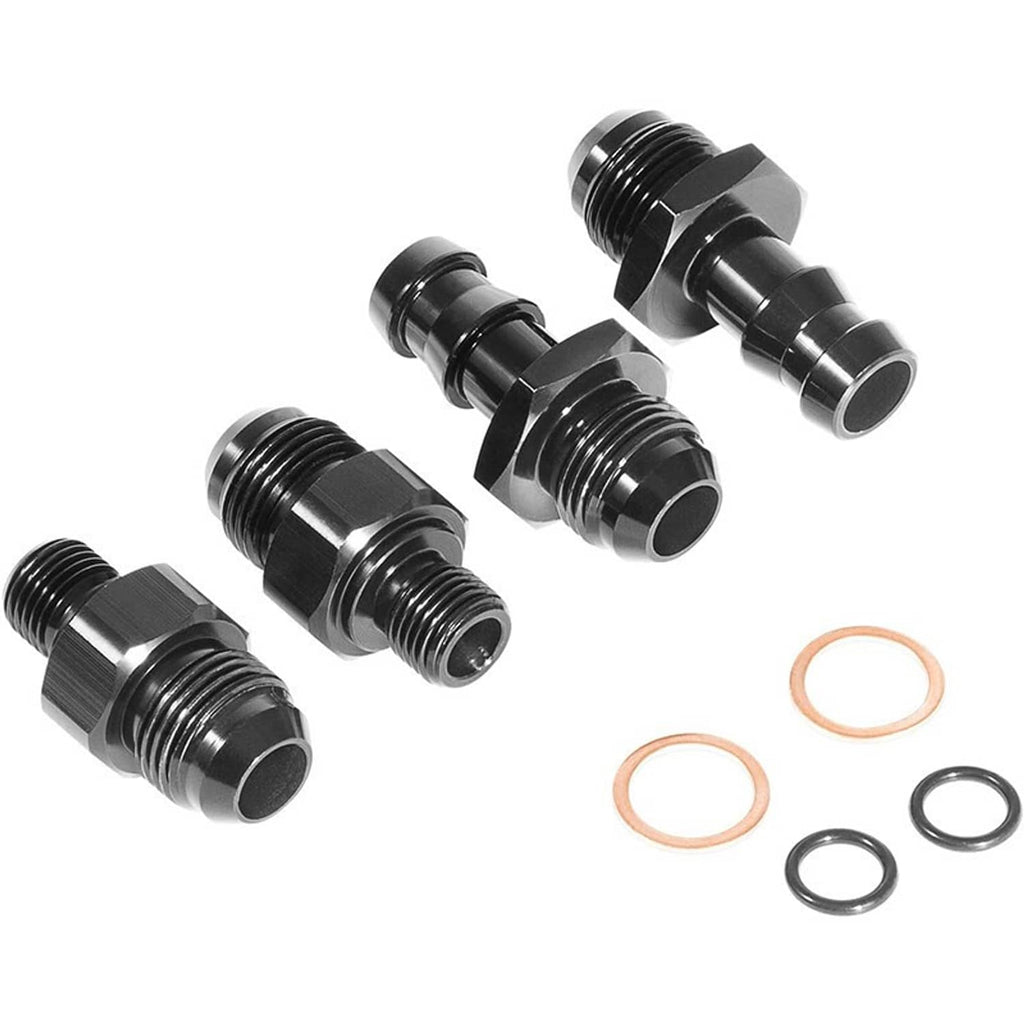 Transmission cooler hose line fittings set with black threaded connectors and O-ring seals