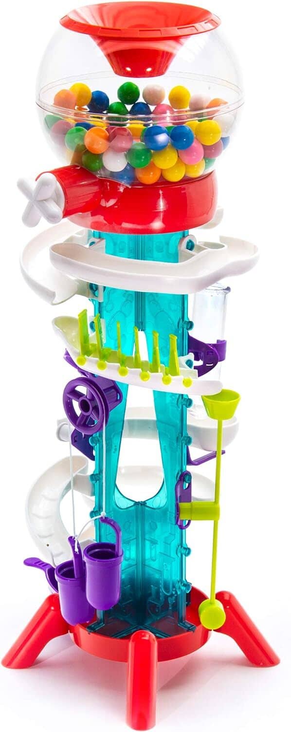 Bubble gum machine toy with clear dome, colorful balls, red base and purple launcher parts
