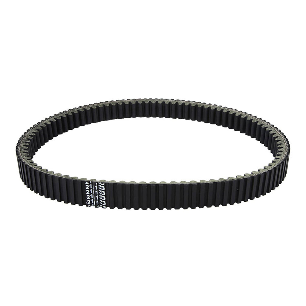 Black toothed drive belt with length markings on the side, looped form