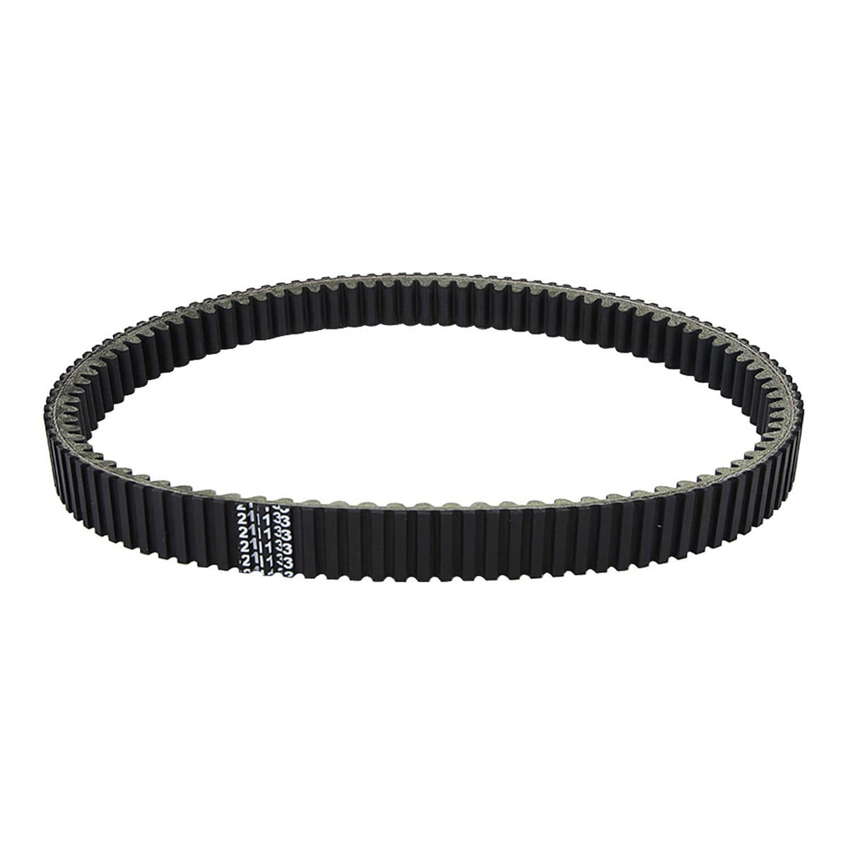 Black toothed drive belt with length markings on the side, looped form