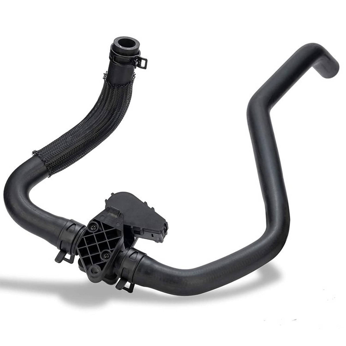 Black HVAC heater inlet hose with mesh sleeve and control valve module
