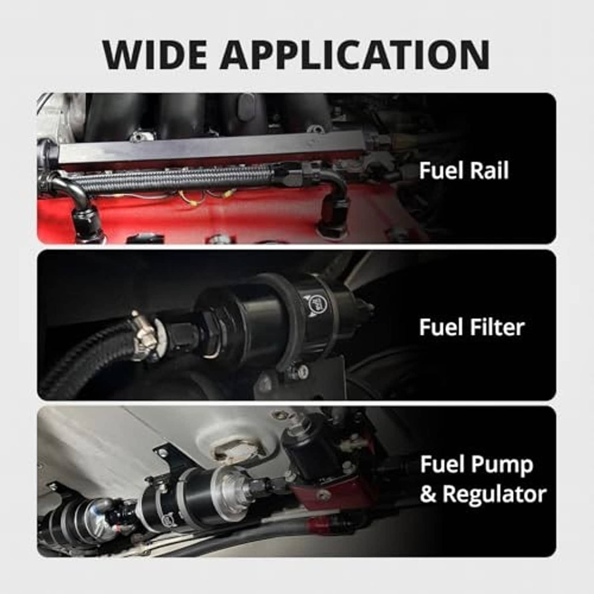 AN hose adapter installed on engine fuel components, black finish with bronze sealing ring