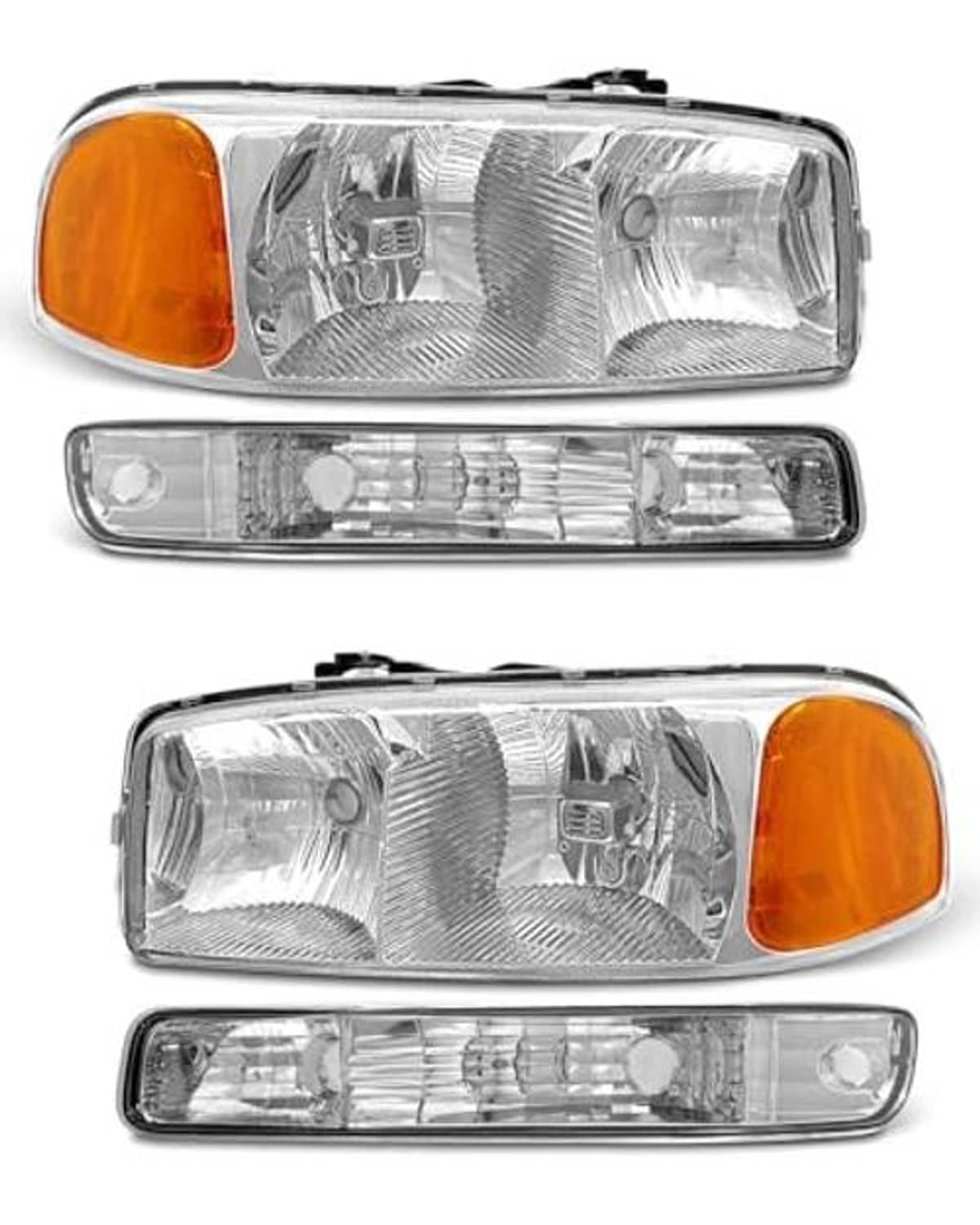 Chrome headlight assembly with clear projector-style lens and amber outer corner lamp