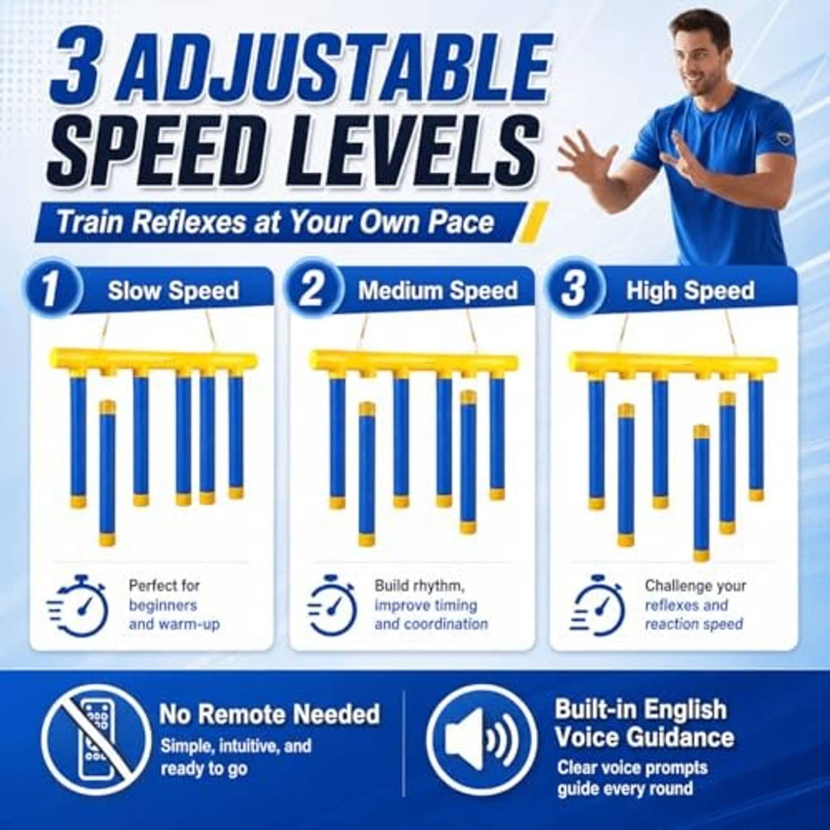 Drop sticks game showing adjustable speed levels with yellow frame and blue foam posts