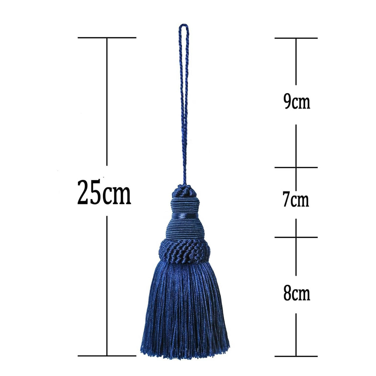 Navy tassel key tassel, 25cm long; braided loop and hanging tassel details