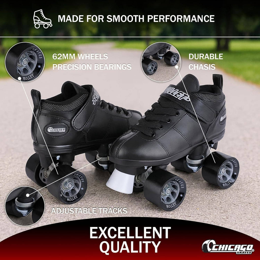 Black quad roller skates with lace-up boots and four chunky wheels