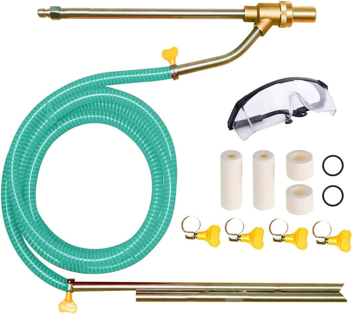 Wet sandblasting attachment kit with green hose, brass wand, spray shield, O-rings