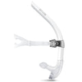 White front-mount swim snorkel for lap swimming with clear mouthpiece and fin
