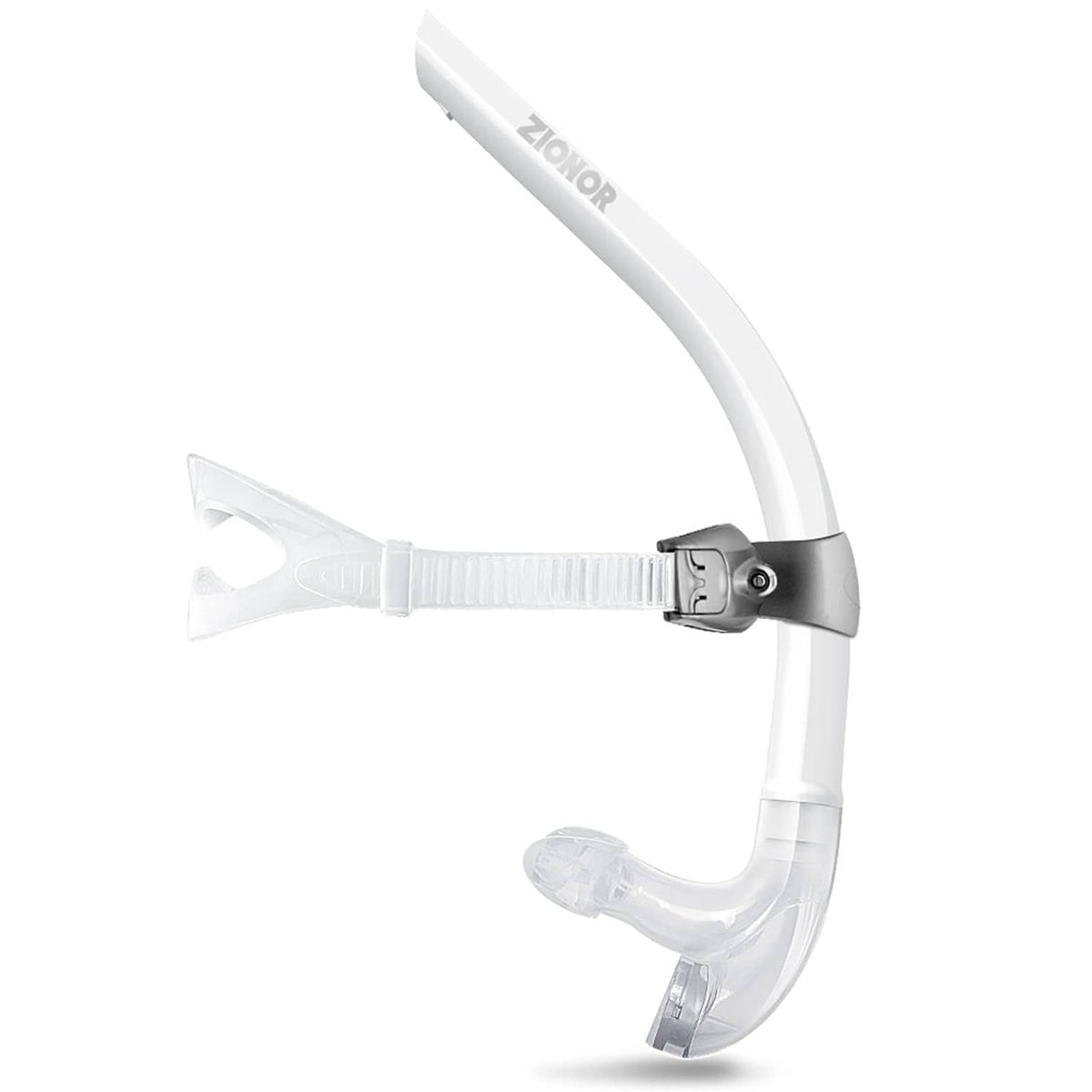 White front-mount swim snorkel for lap swimming with clear mouthpiece and fin