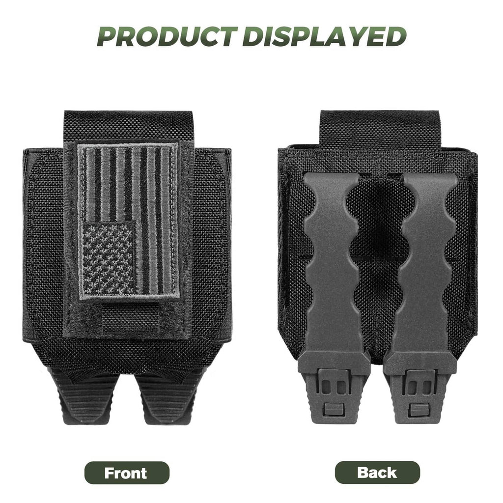 Black handcuff pouch, front and back view with padded tabs and molded slots
