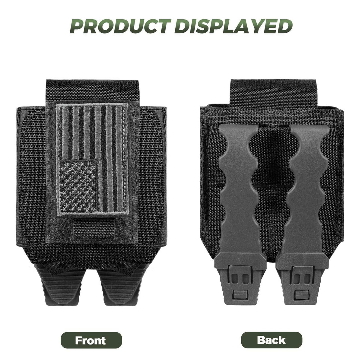 Black handcuff pouch, front and back view with padded tabs and molded slots