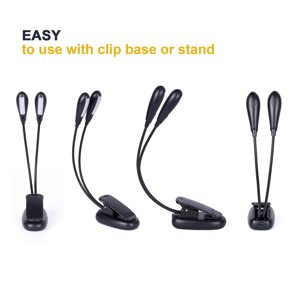 Set of clip-on music stand lights with flexible gooseneck arms and black bases