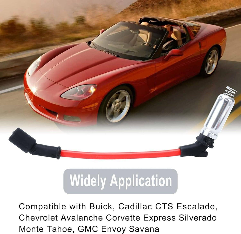 Ignition cable with red wire, black end boots, and silver spark plug connector