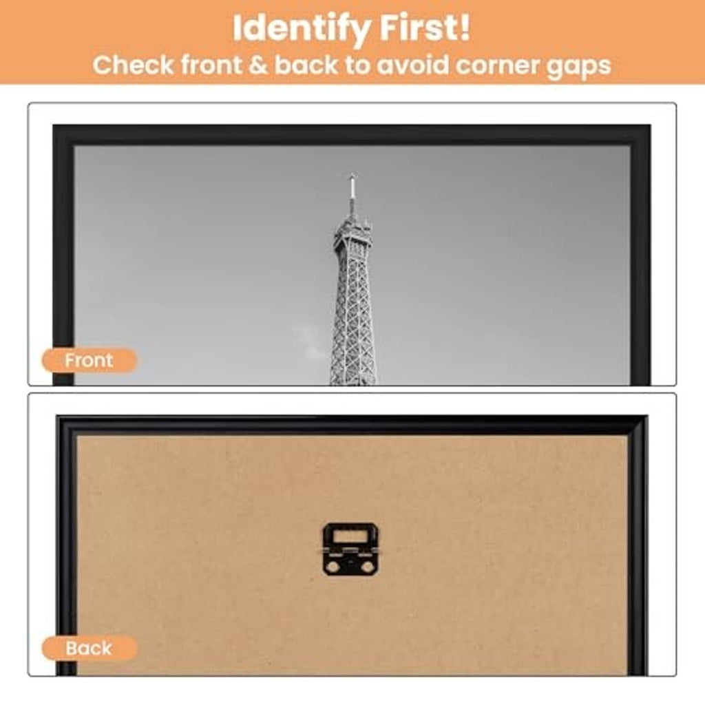 Black 11x17 poster frame front-and-back diagram showing how to avoid corner gaps