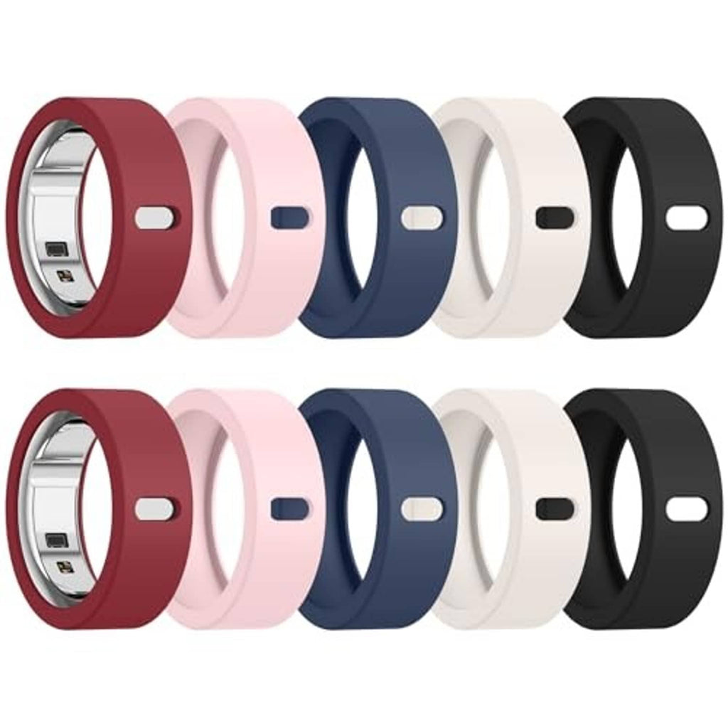 Pack of silicone smart ring covers in maroon, pink, navy, white, and black, shown in rows.