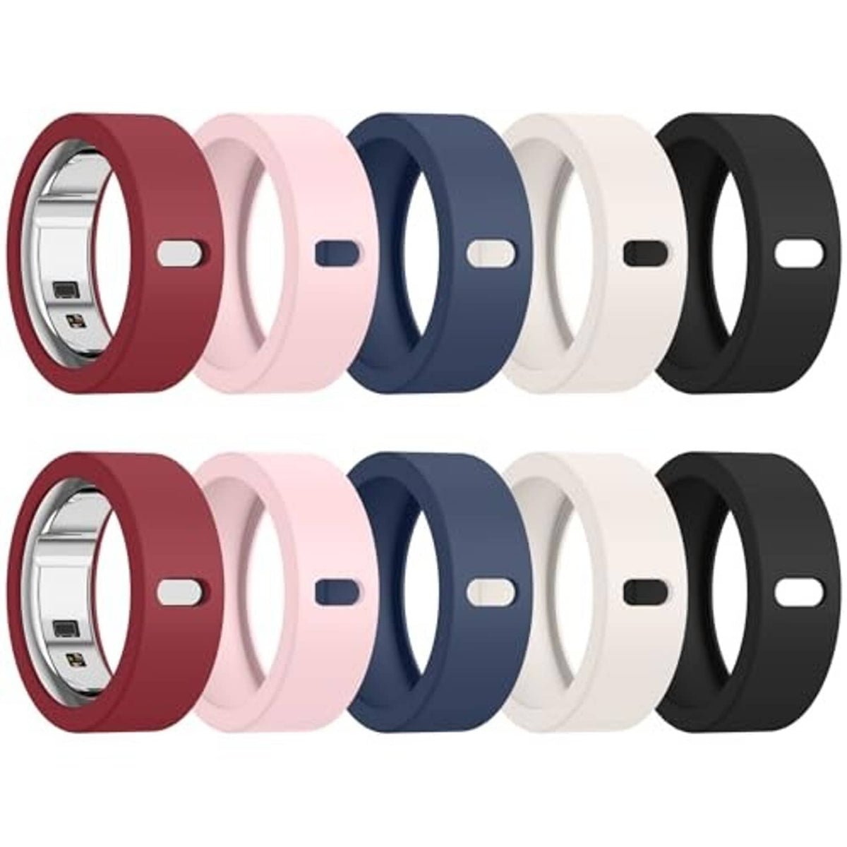 Pack of silicone smart ring covers in maroon, pink, navy, white, and black, shown in rows.