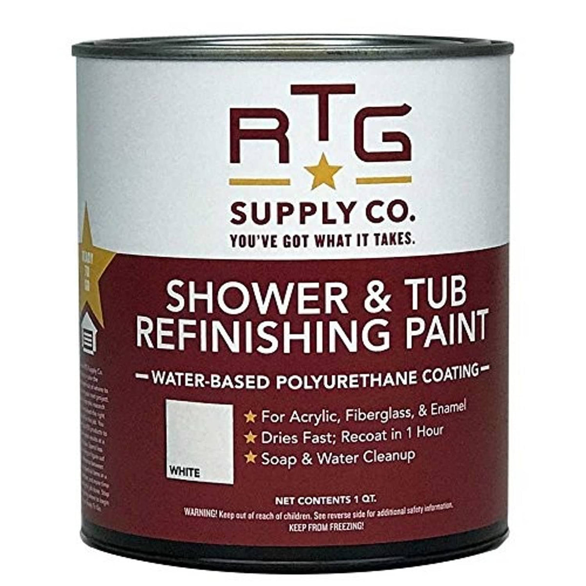 White shower and tub refinishing paint can, water-based polyurethane coating.