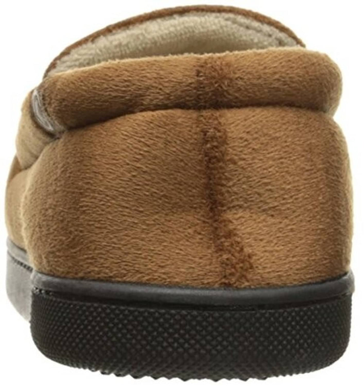 Cognac microsuede moccasin slipper back view with black rubber sole