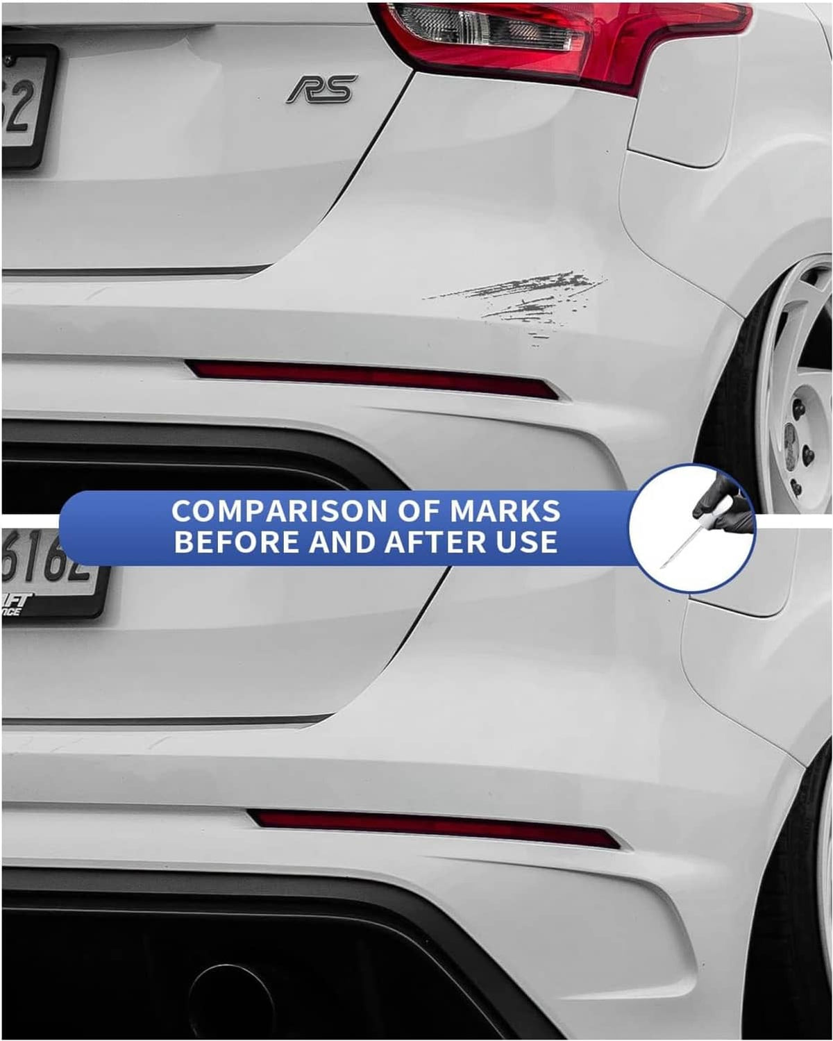 Car rear quarter panel scratch repair comparison with coating pen detail